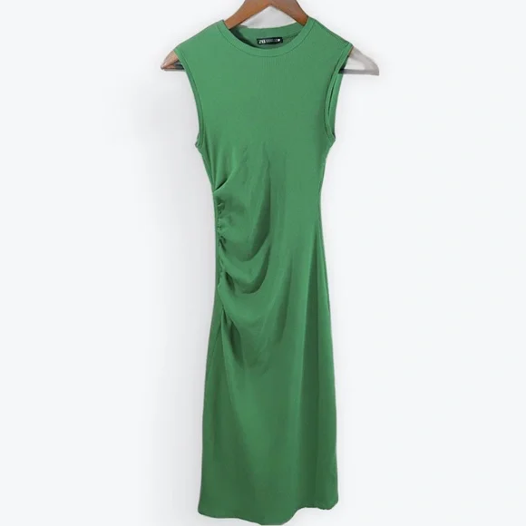 Zara Sleeveless Green Midi Dress Ribbed Fitted Size Small - Picture 1 of 8